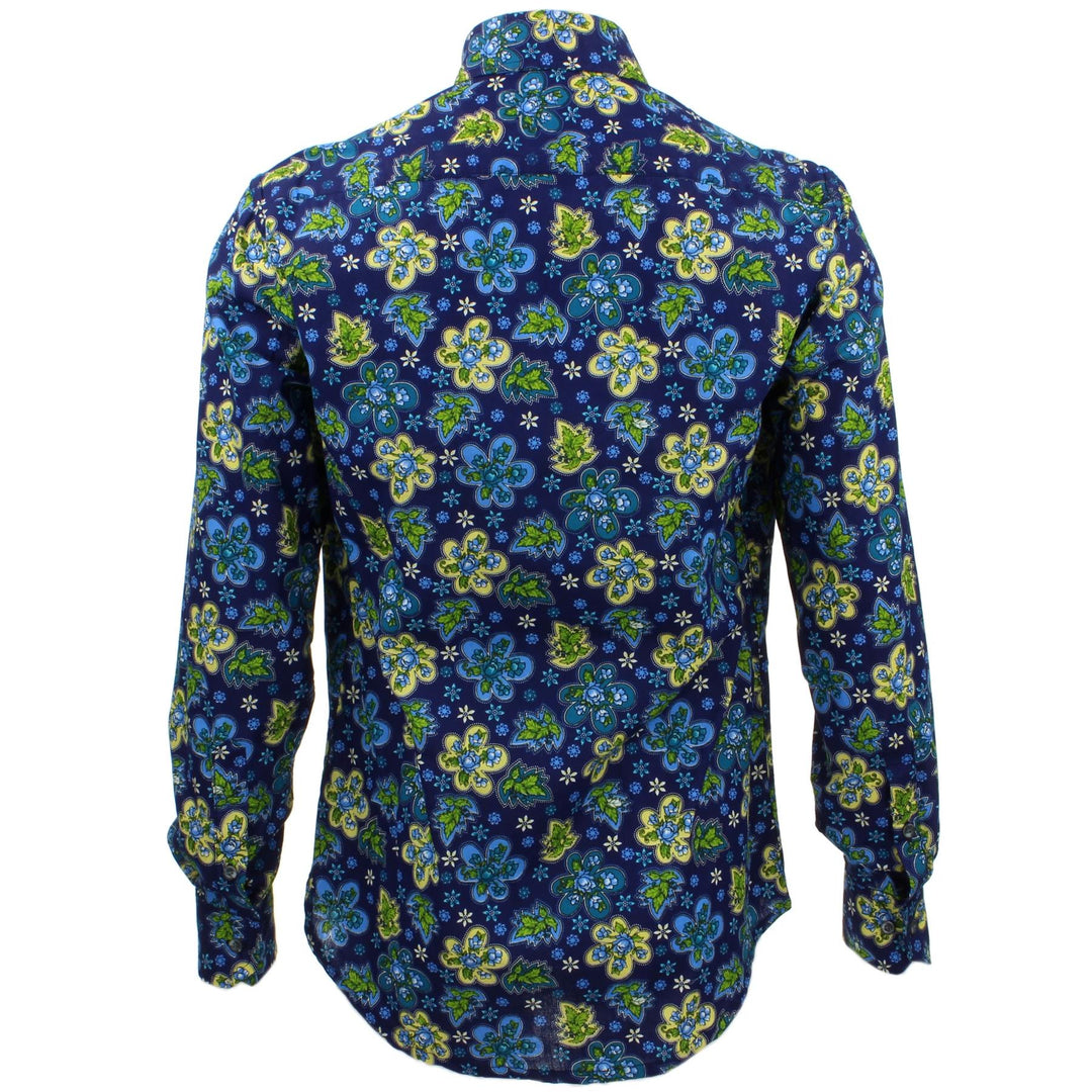 Tailored Fit Long Sleeve Shirt - Blue Floral on Navy