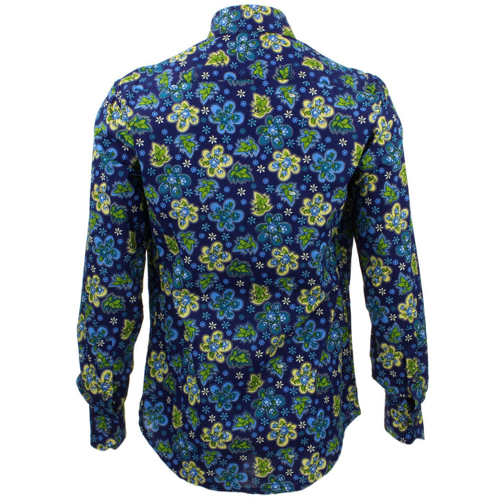 Tailored Fit Long Sleeve Shirt - Blue Floral on Navy