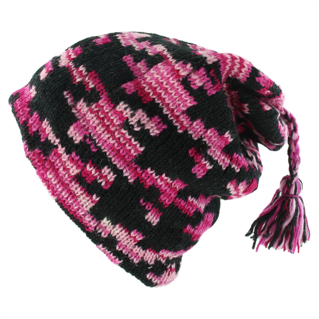 Wool Knit Tassel Beanie Hat - Pink Houndstooth
