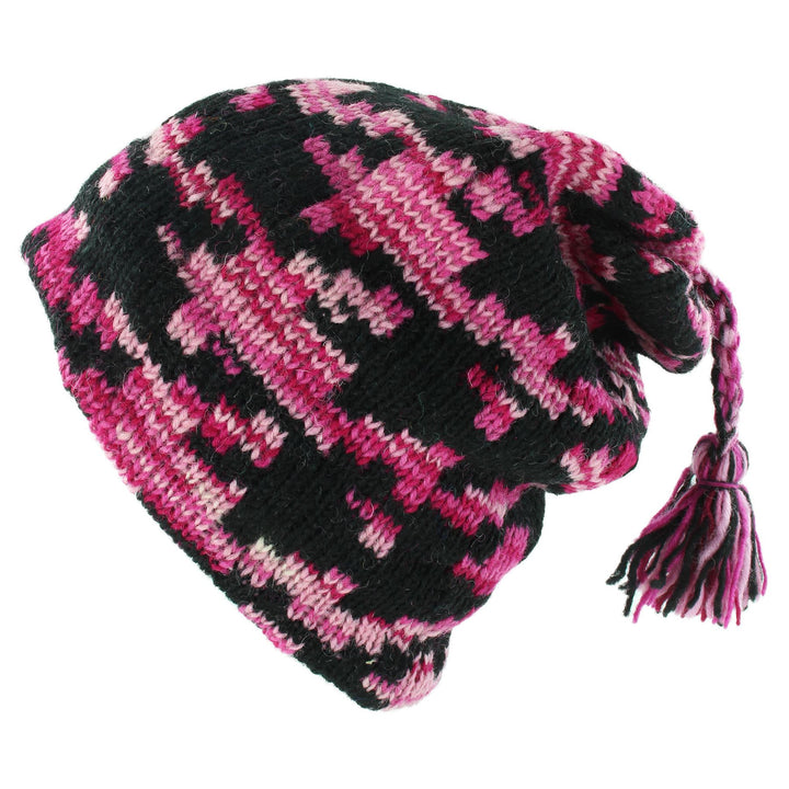 Wool Knit Tassel Beanie Hat - Pink Houndstooth