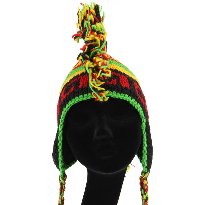 Wool Knit 'Punk' Mohawk Earflap Beanie Hat - Rasta