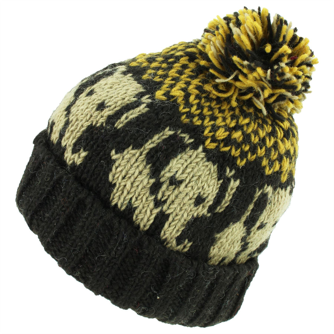 Wool Knit Bobble Beanie Hat - Elephant - Brown Gold