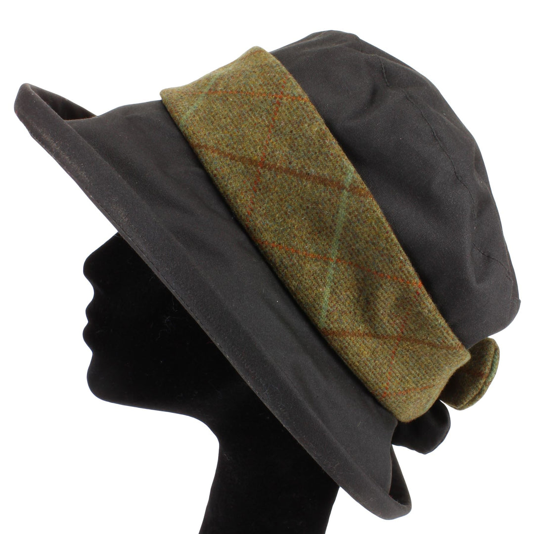 Ladies Wax Hat with Tweed Band and Flower - Olive