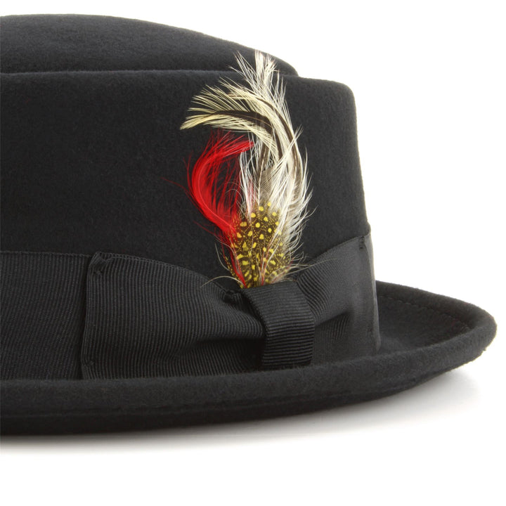 Maz 100% wool Pork pie hat with multicoloured side feather - Black