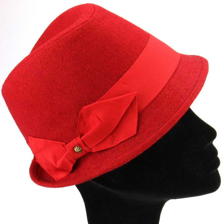 Wool trilby hat with short brim and large side bow - Red (57cm)