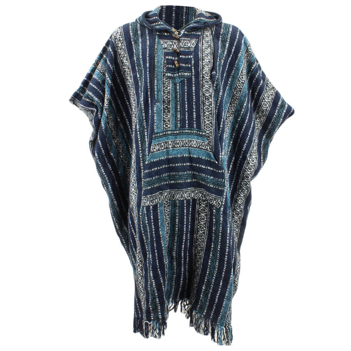 Brushed Cotton Long Hooded Poncho - Blue
