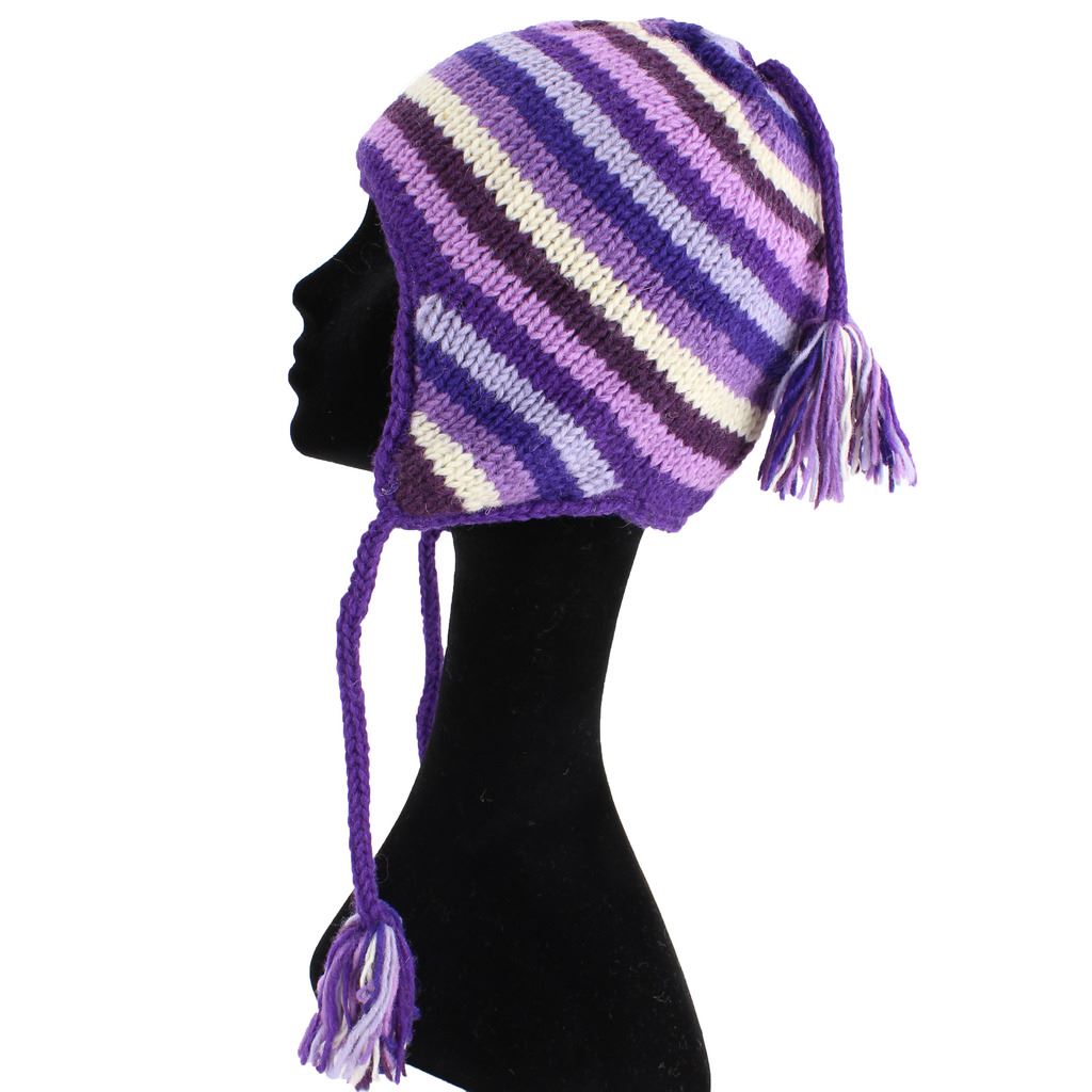 Wool Knit Earflap Tassel Hat - Stripe Purples