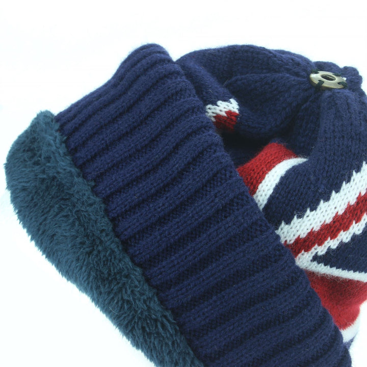 Union Jack Bobble Beanie Hat with Faux Fur Bobble - Brown