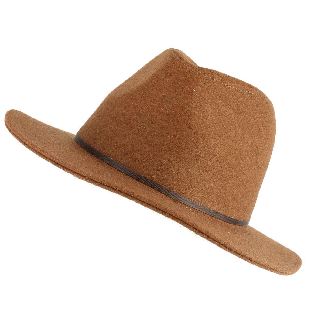 Wool fedora hat with flat brim and skinny contrast band - Brown (57cm)
