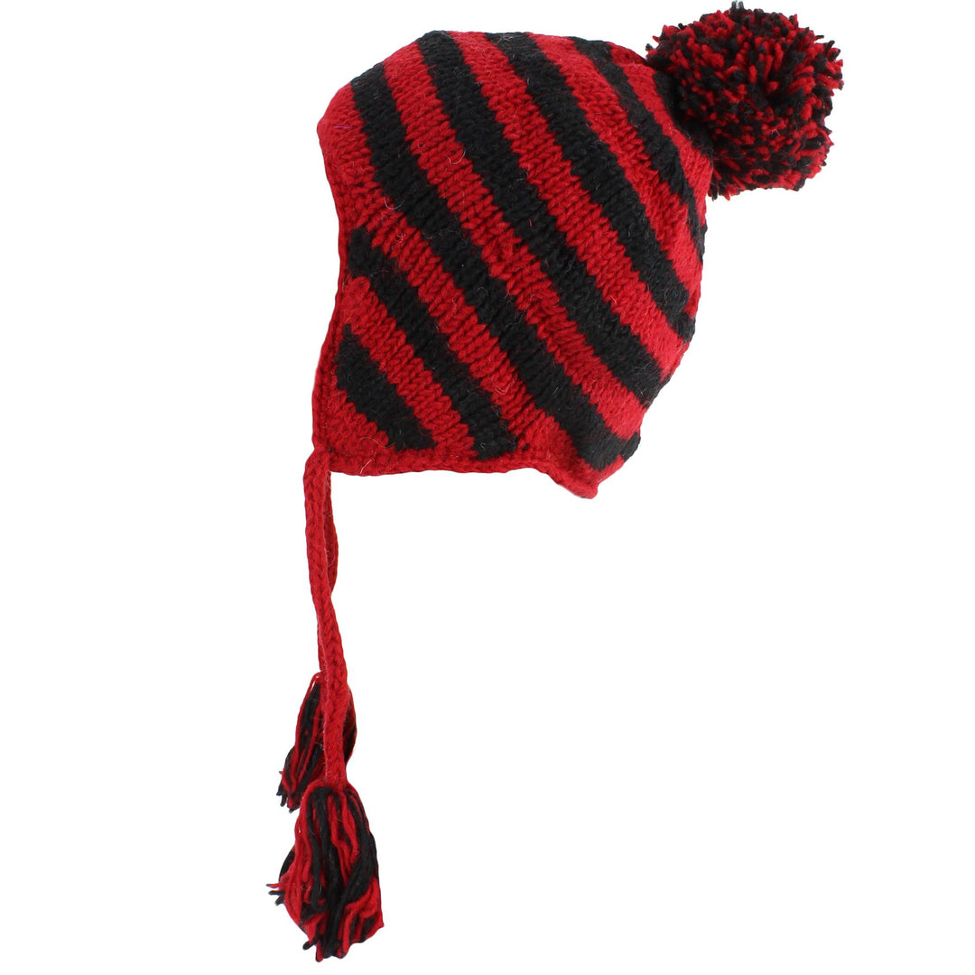 Wool Knit Earflap Bobble Hat - Stripe Red Black