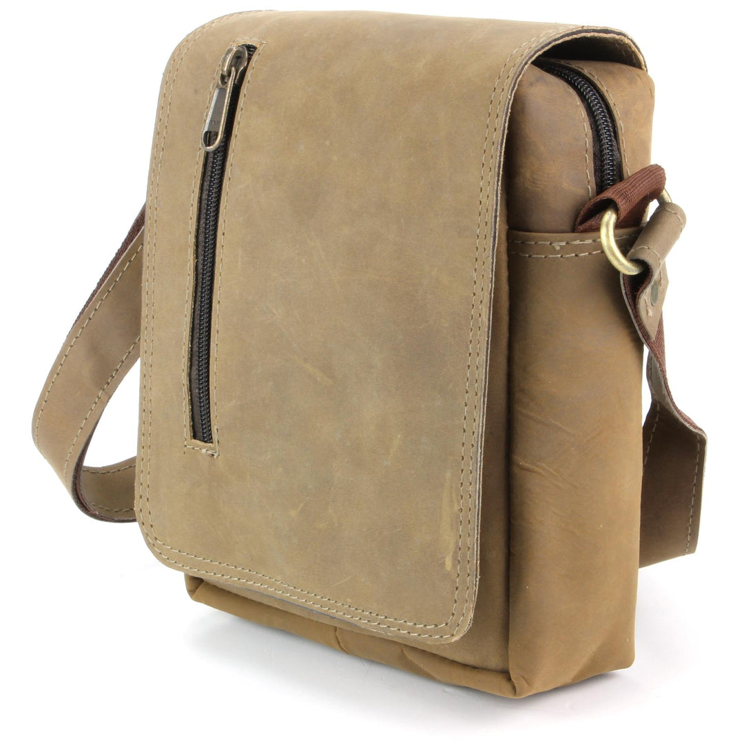 Real Leather Shoulder Bag with Front Zip - Brown