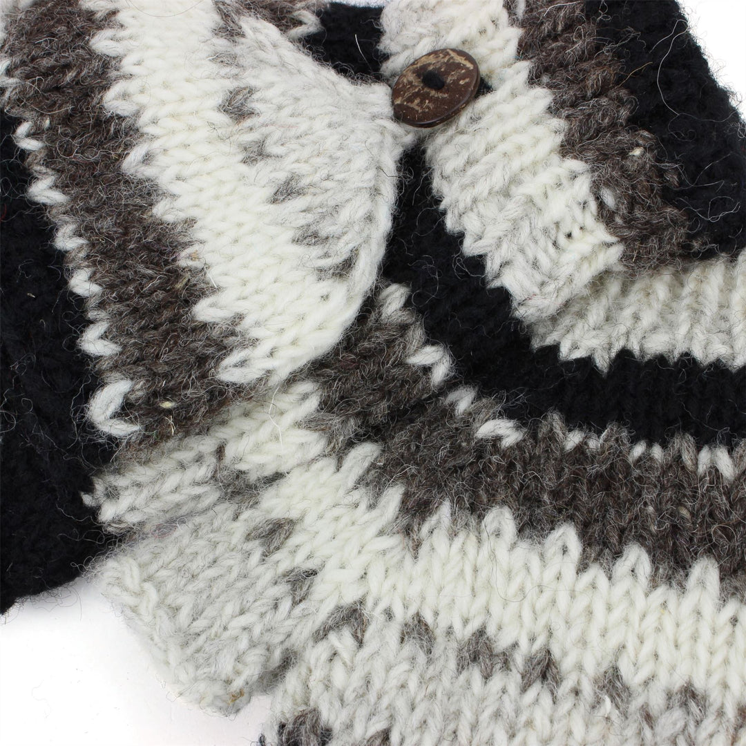 Chunky Wool Knit Fingerless Shooter Gloves - Stripe - Grey & Black