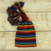 Hand Knitted Beanie Fountain Tassel Hat - Stripe Dark Rainbow