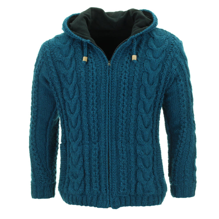 Handmade Wool Cable Knit Hooded Jacket - Teal