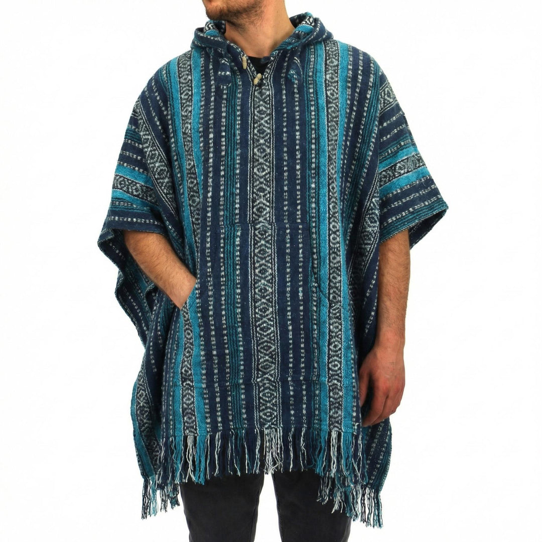 Brushed Cotton Hooded Poncho - Blue