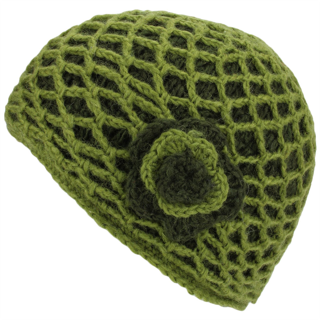 Ladies Wool Knit Crochet Lattice Beanie Hat with Flower - Green