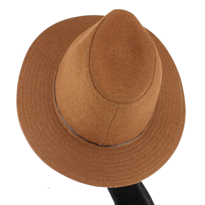 Wool fedora hat with flat brim and skinny contrast band - Brown (57cm)