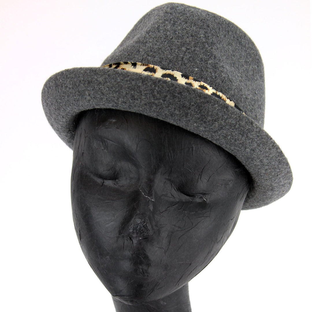 Women's felt rolled brim trilby hat with satin leopard print band - Grey (57cm)