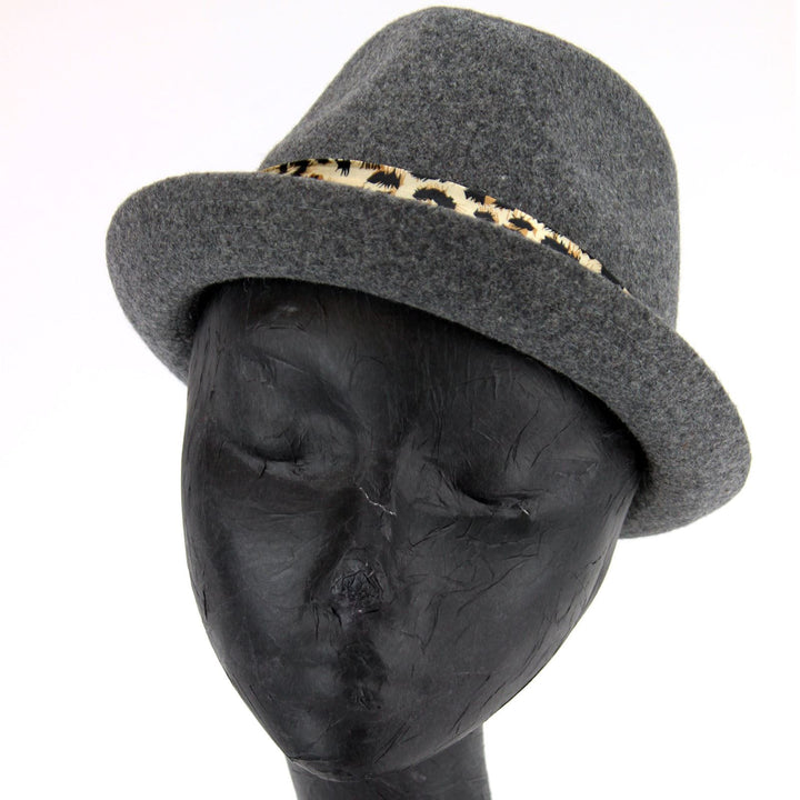 Women's felt rolled brim trilby hat with satin leopard print band - Grey (57cm)