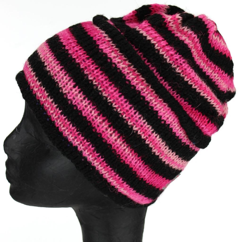 Wool Knit Ridge Beanie Hat with Fleece Lining - Black & Pink Space Dye