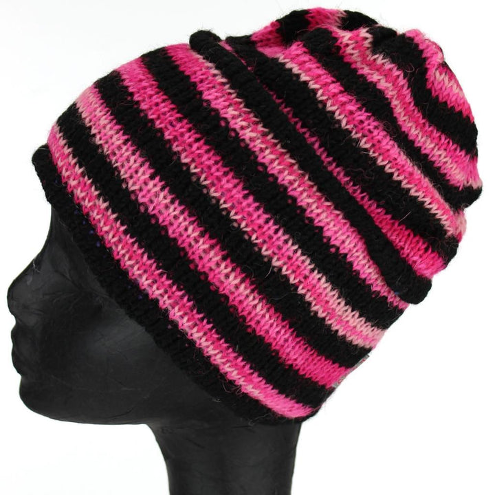 Wool Knit Ridge Beanie Hat with Fleece Lining - Black & Pink Space Dye