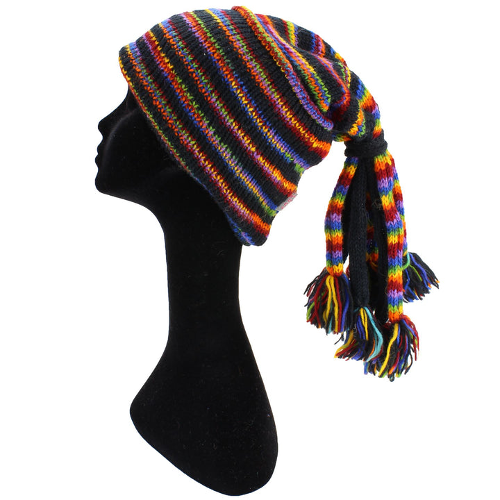 Wool Knit 'Fountain' Tassels Beanie Hat - Black & Rainbow
