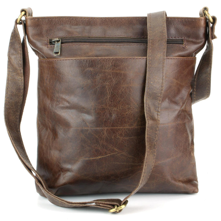 Real Leather Shoulder Bag with Front Zip and Pouch Pocket - Dark Brown