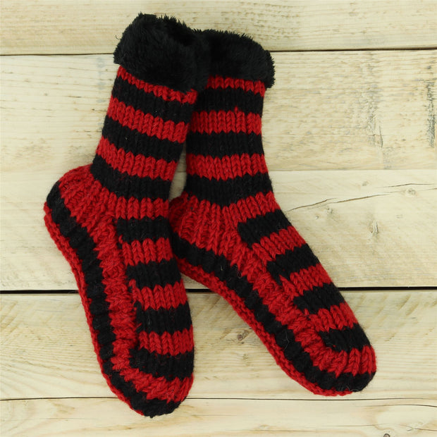 Hand Knitted Wool Slipper Socks - Stripe Red Black