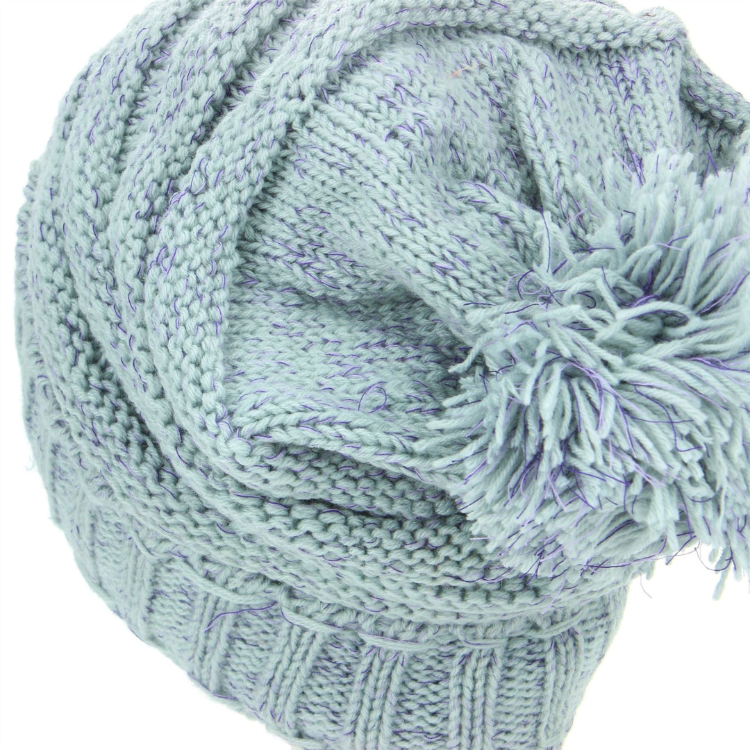 Acrylic Knit Baggy Beanie Bobble Hat - Light Grey