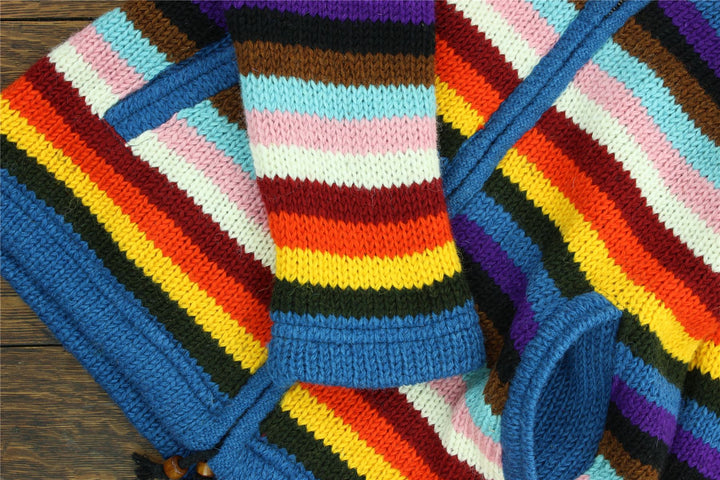 Hand Knitted Wool Hooded Jacket Cardigan Ladies Cut - Stripe Progress Rainbow
