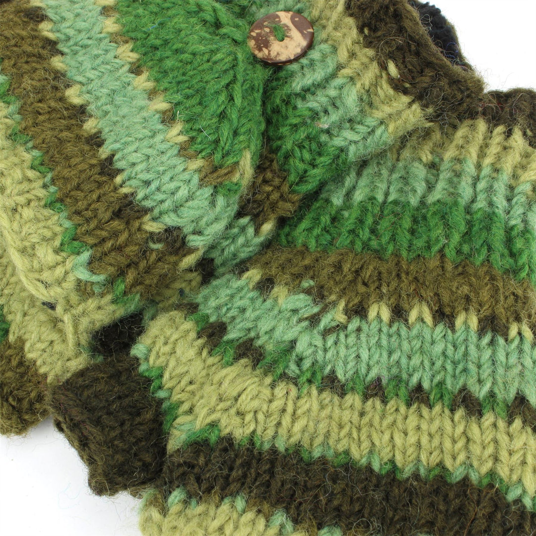 Chunky Wool Knit Fingerless Shooter Gloves - Stripe - Green