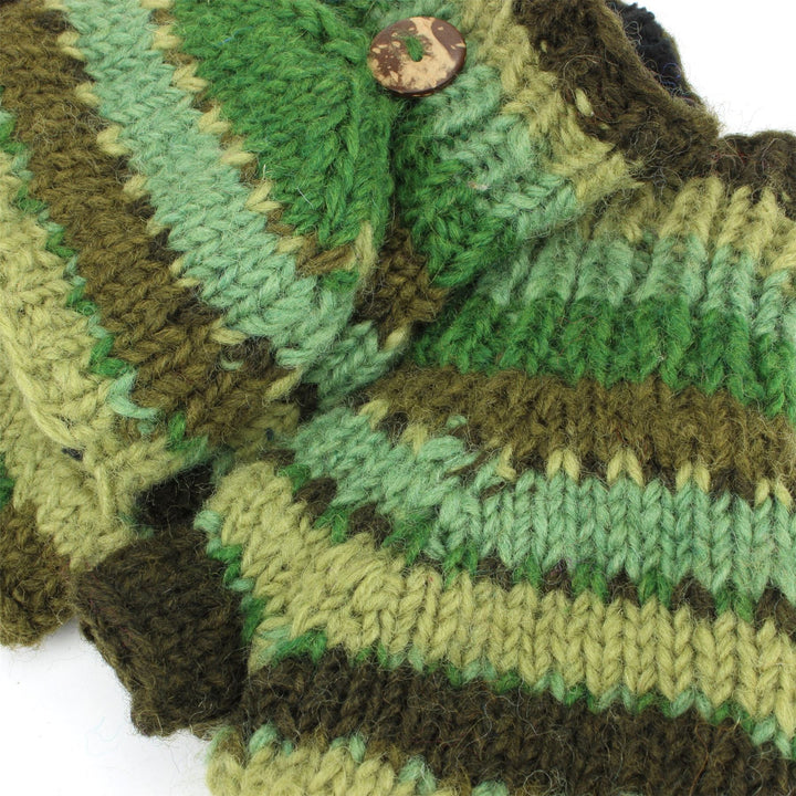 Chunky Wool Knit Fingerless Shooter Gloves - Stripe - Green