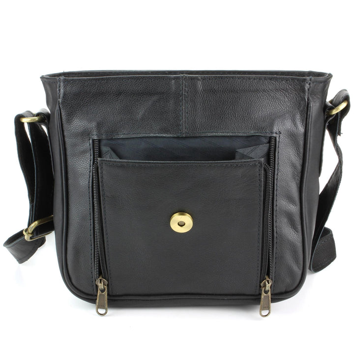 Real Leather Shoulder Bag with Large Extendable Front Pocket - Black