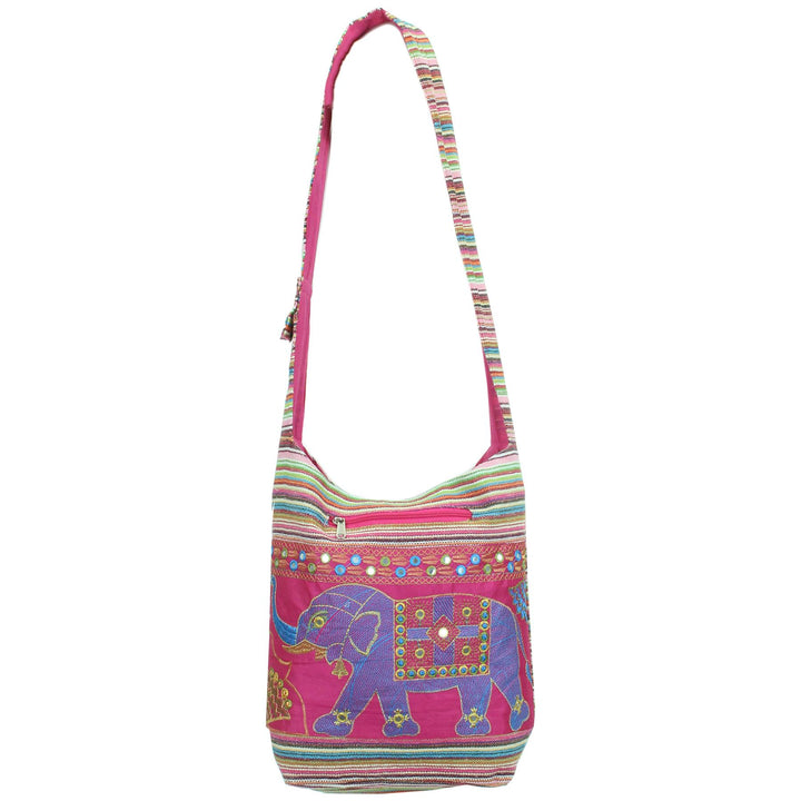 Embroidered Elephant Canvas Sling Shoulder Bag - Pink