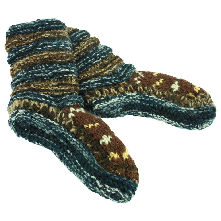 Chunky Wool Knit Abstract Pattern Slipper Socks - 17 Blue Brown