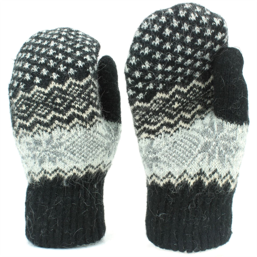 Wool Knit Fairisle Mittens - Black
