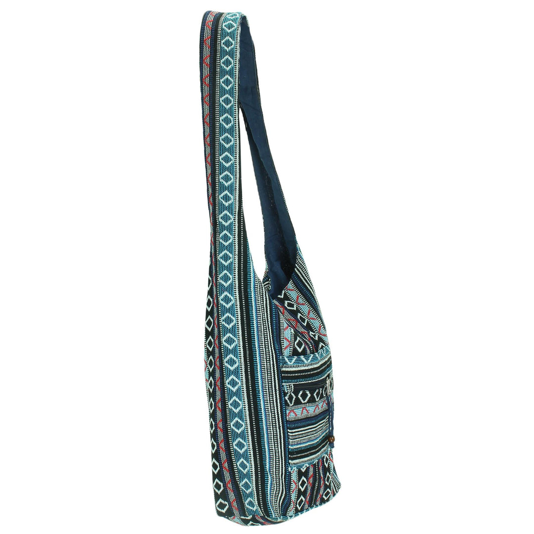 Diamond Pattern Canvas Sling Shoulder Bag - Black Blue