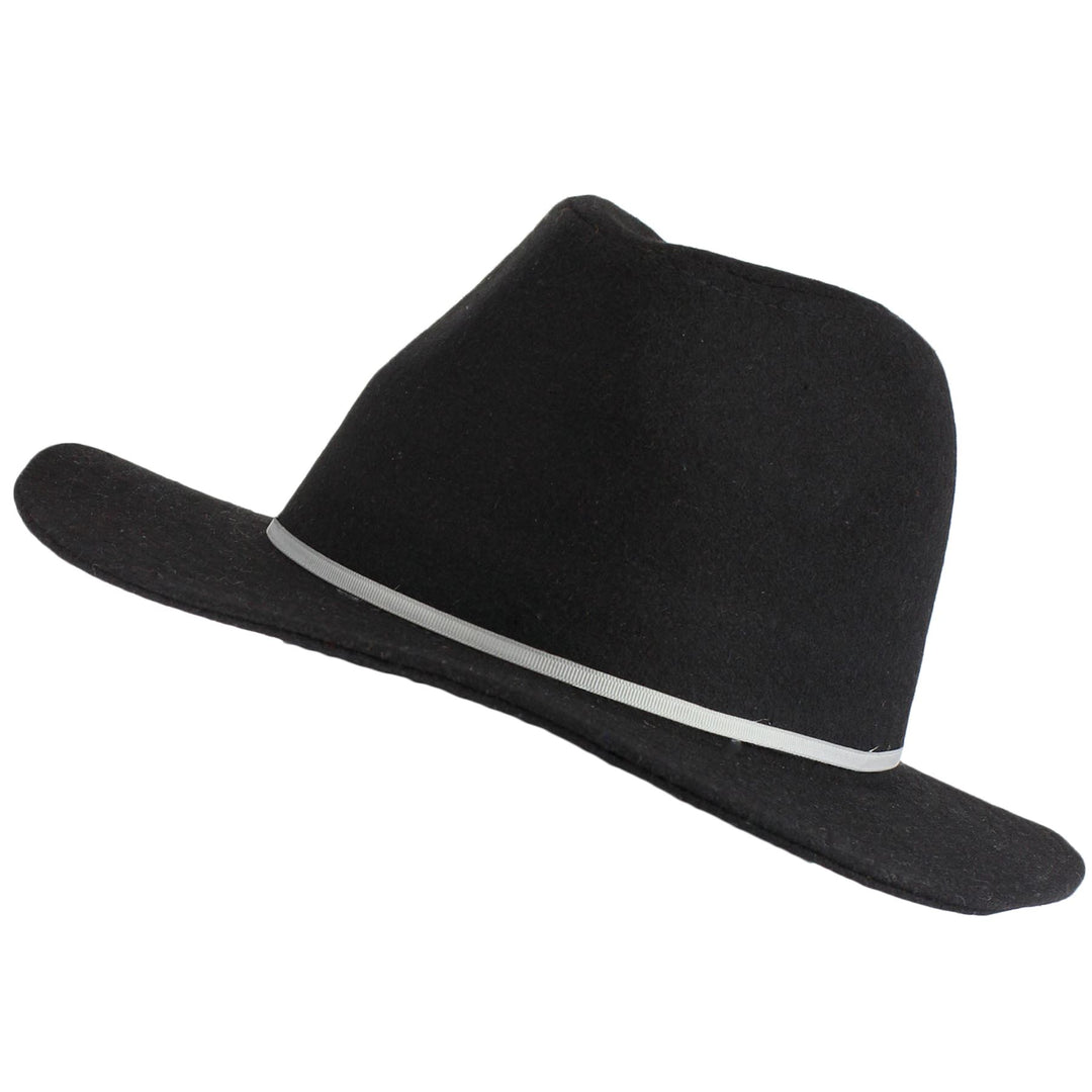 Wool fedora hat with flat brim and skinny contrast band - Black (57cm)