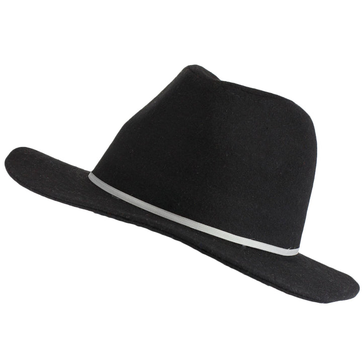 Wool fedora hat with flat brim and skinny contrast band - Black (57cm)