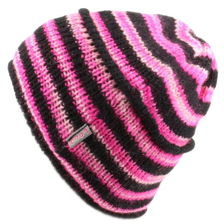 Wool Knit Ridge Beanie Hat with Fleece Lining - Black & Pink Space Dye