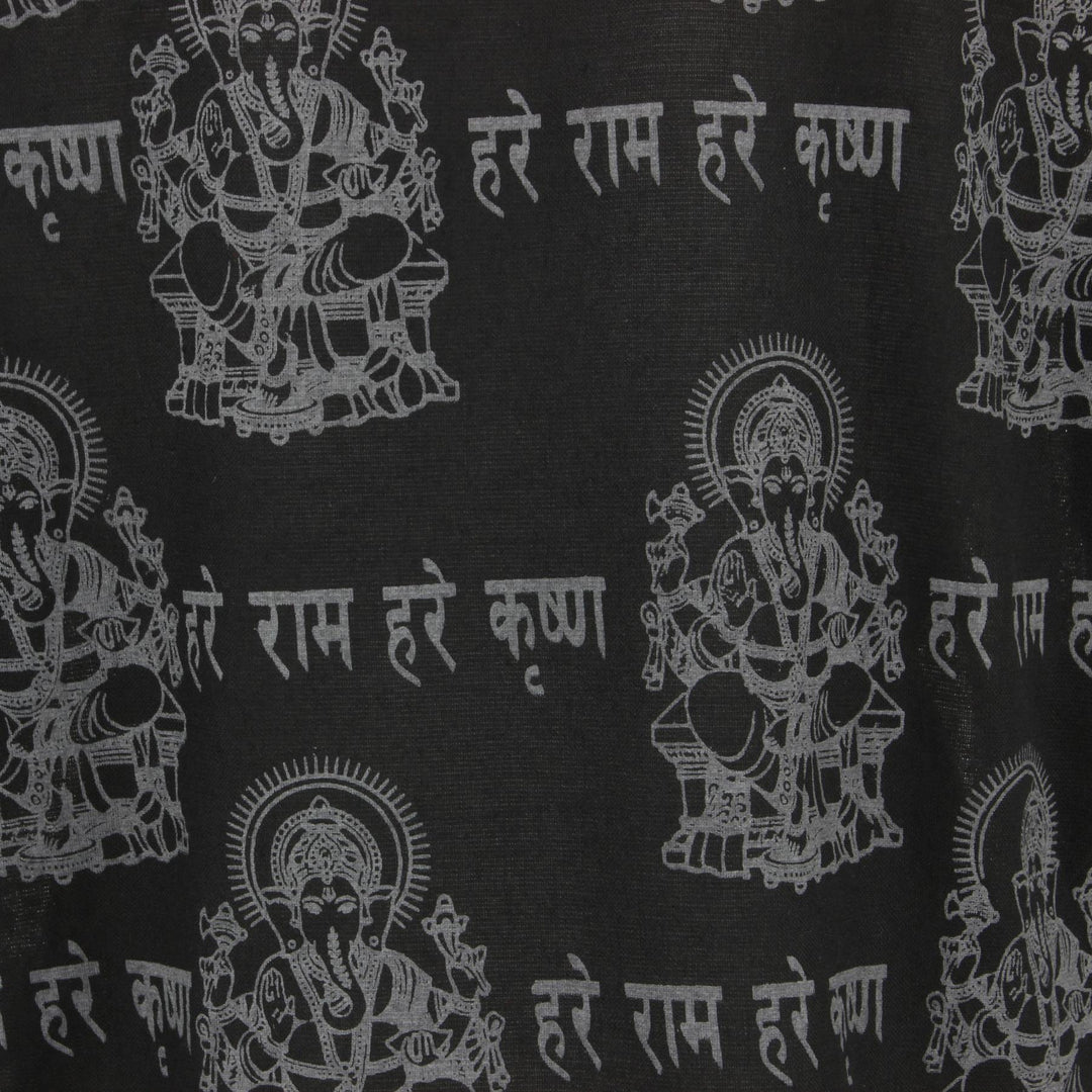 Long Sleeve 'Ganesh' Printed Nepalese Kurta Grandad Shirt - Black