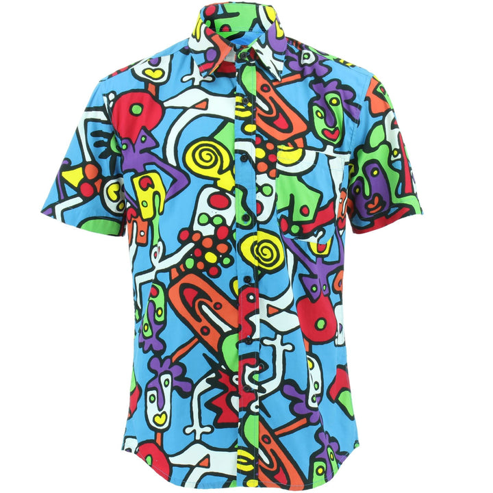 Tailored Fit Short Sleeve Cotton Shirt - Tiffy Print - Blue