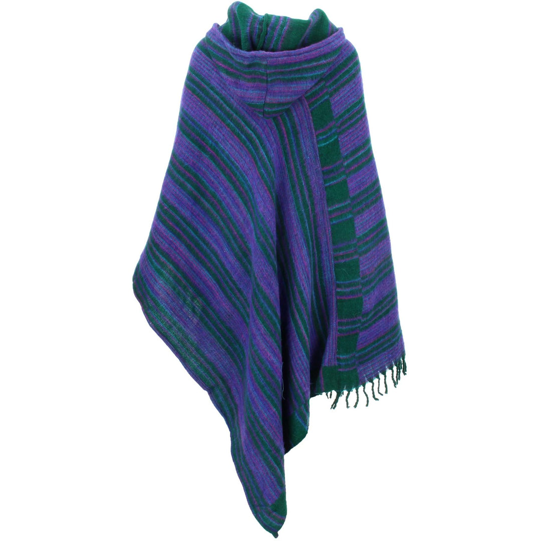 Vegan Wool Hooded Poncho - Racing Green & Purple