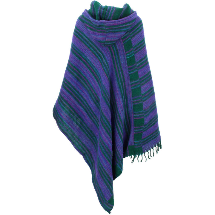 Vegan Wool Hooded Poncho - Racing Green & Purple