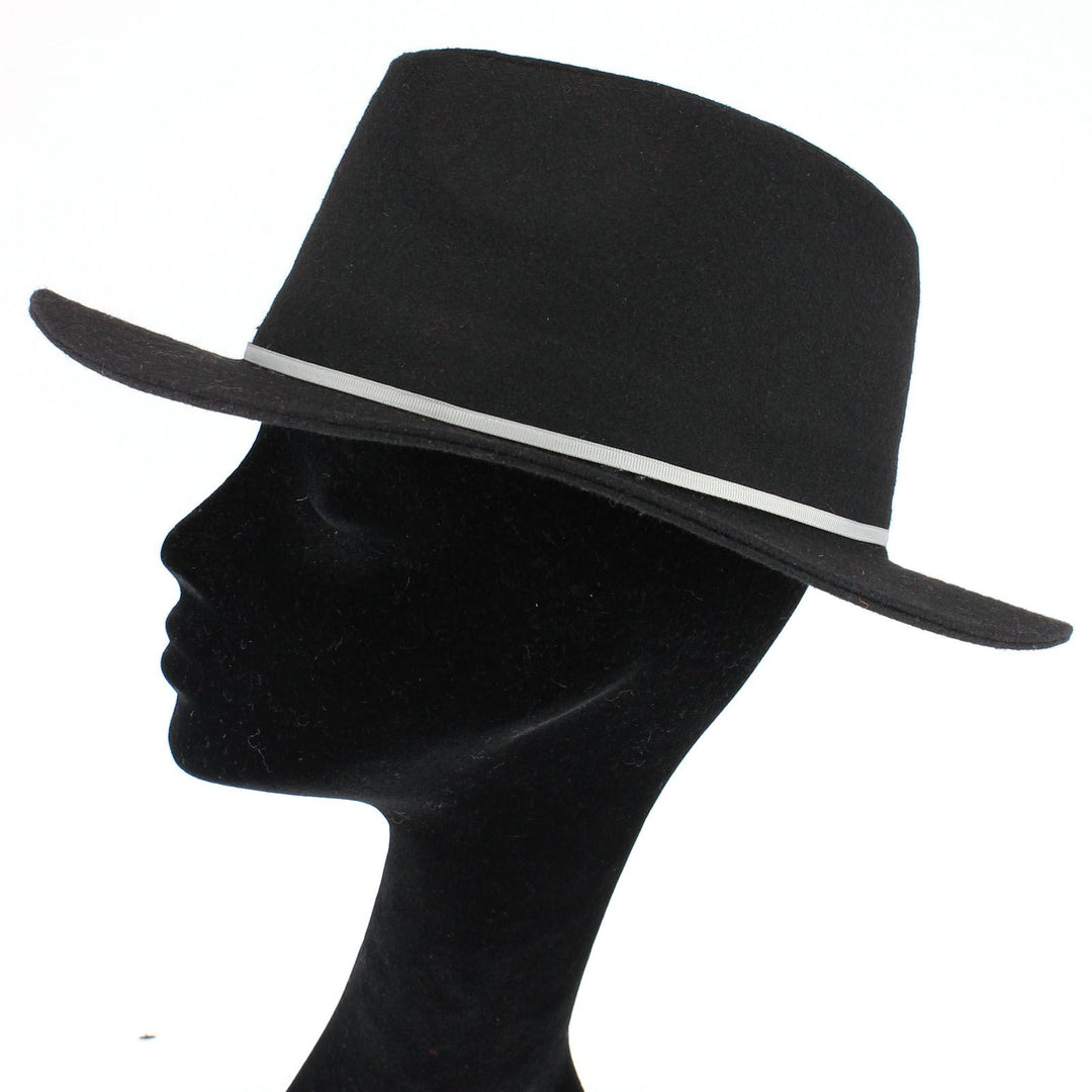 Wool fedora hat with flat brim and skinny contrast band - Black (57cm)