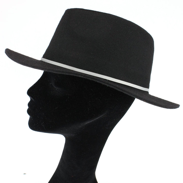 Wool fedora hat with flat brim and skinny contrast band - Black (57cm)