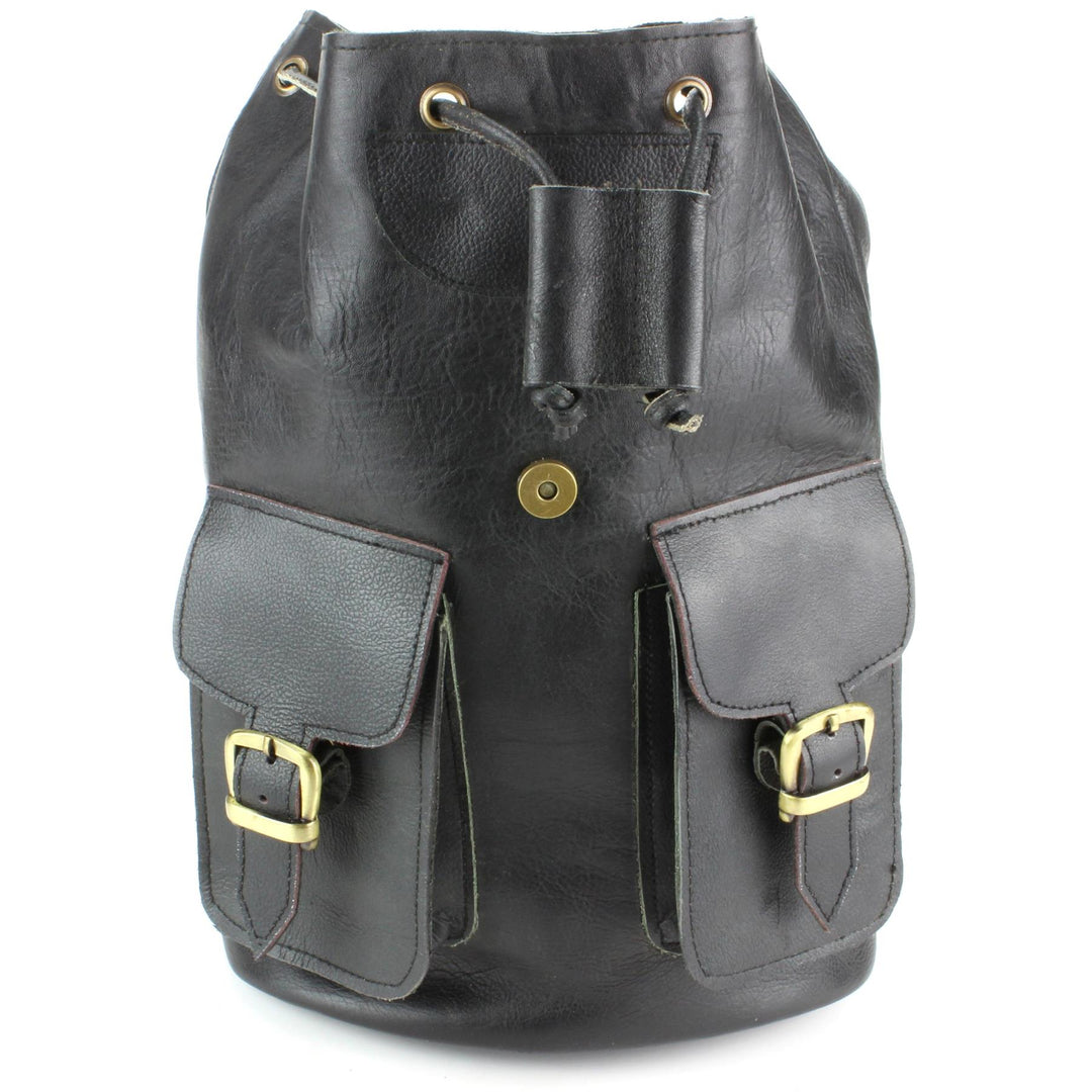 Real Leather Backpack with Two Front Pockets - Black