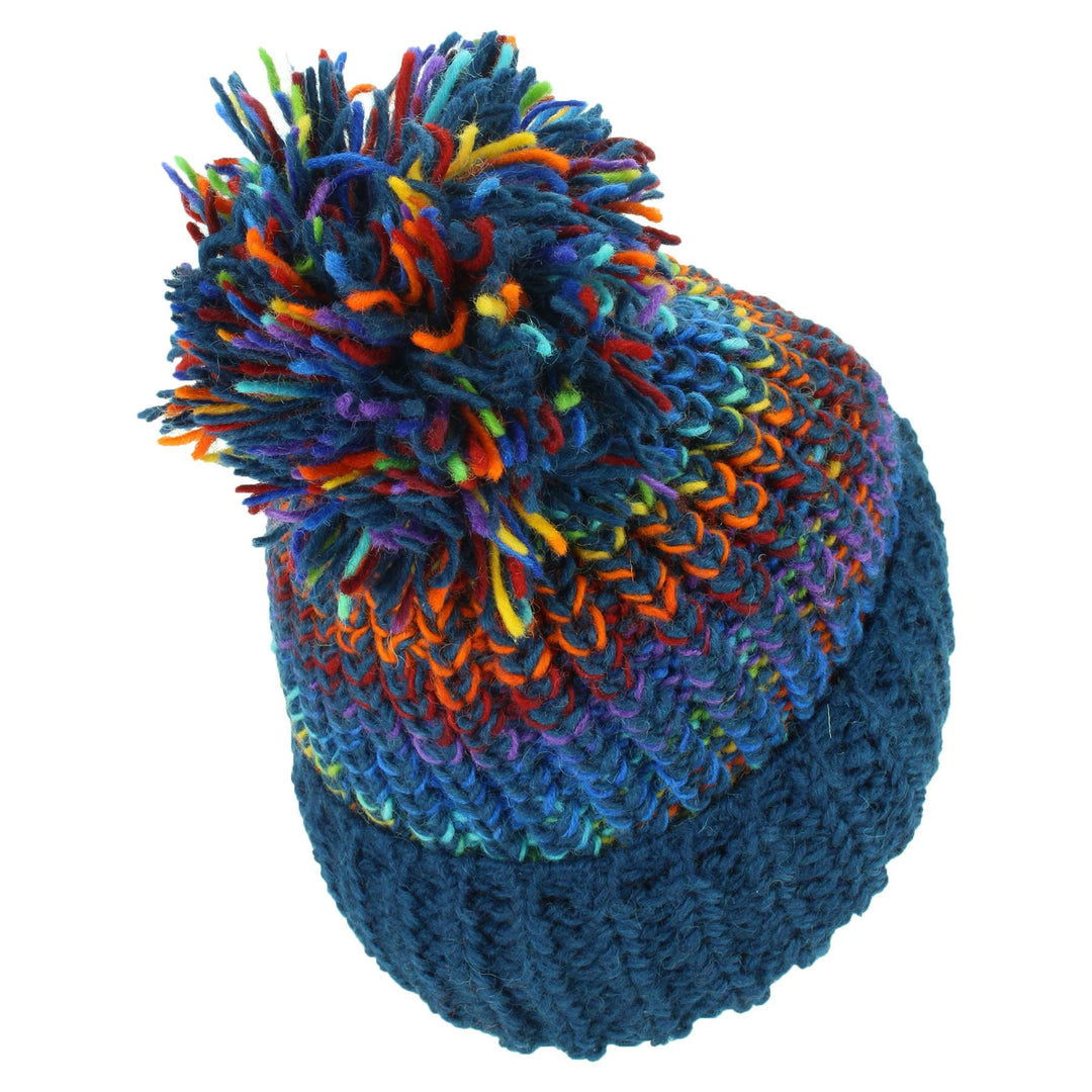 Wool Knit Beanie Bobble Hat - Blue Rainbow