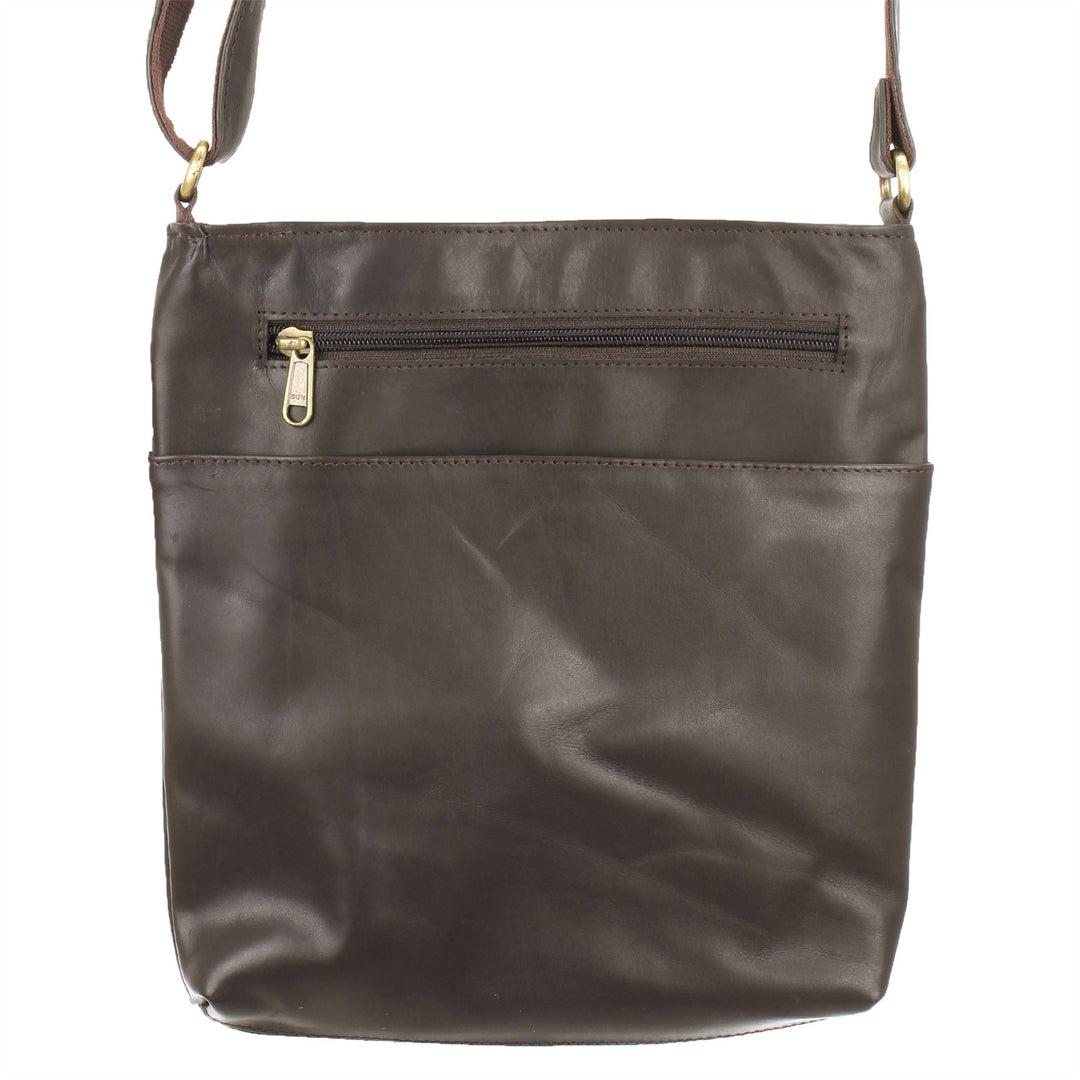 Real Leather Shoulder Bag with Front Zip and Pouch Pocket - Dark Brown
