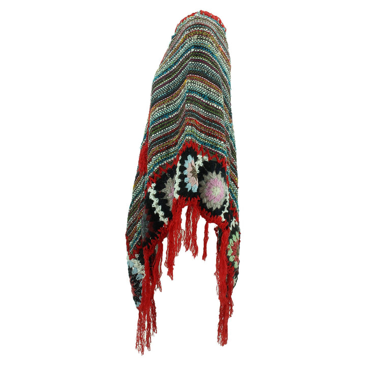 Granny Squares Crochet Poncho Long - Black Multi/Red